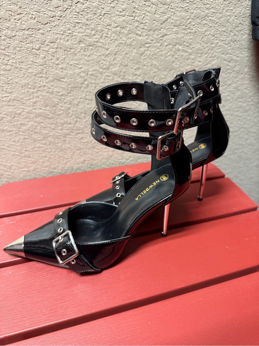 Black Patent Pointed Toe Studded Ankle-Strap Heels NEW